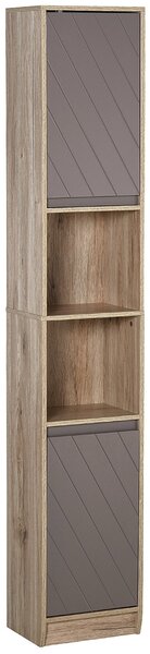 HOMCOM Vysoká koupelnová skříň s 2 dveřmi a 2 otevřenými policemi na úložný nábytek do obývacího pokoje nebo chodby 30x24x170 cm Dub a šedá | Aosom