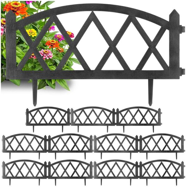 Vilde | Ohraničení záhonu - Sada 12 ks - 57x25 cm - Odolné vůči povětrnostním vlivům - Plast - Zahradní plot šedý