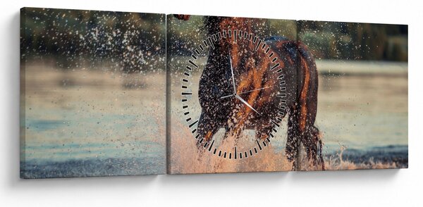 Obraz - Běžící kůň (s hodinami) (90x30 cm)