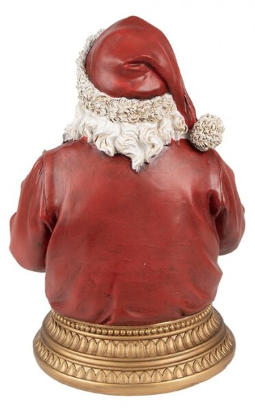 Červená vánoční dekorace Santa Claus s dárečky, medvídkem a mašinkou na zlatém podstavci – 29 cm