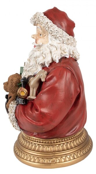Červená vánoční dekorace Santa Claus s dárečky, medvídkem a mašinkou na zlatém podstavci – 29 cm