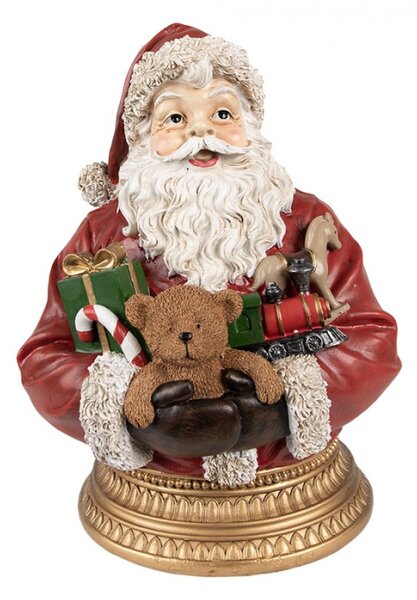 Červená vánoční dekorace Santa Claus s dárečky, medvídkem a mašinkou na zlatém podstavci – 29 cm