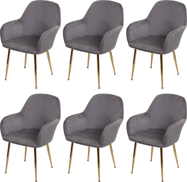 Sada 6 jídelních židlí HWC-F18, kuchyňská židle, retro design sametově šedá, zlaté nohy
