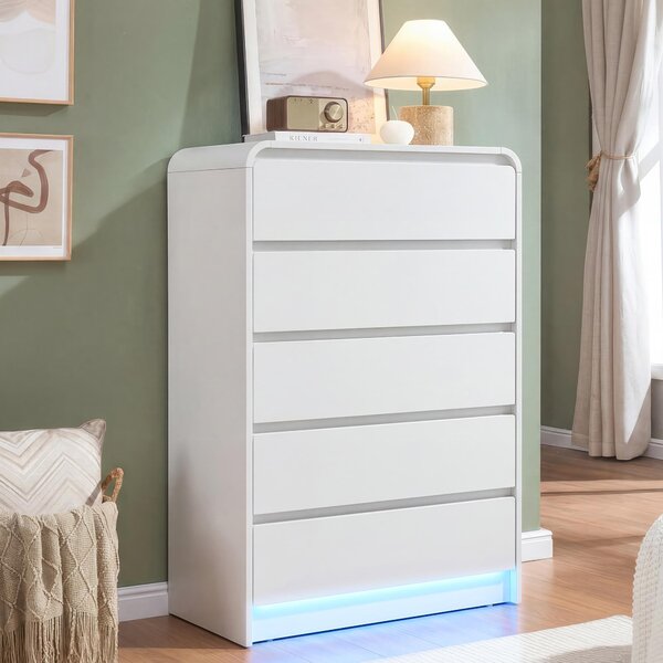 Komoda Moonbite s 5 zásuvkami, bílá, s RGB LED osvětlením, 73 x 40 x 110 cm