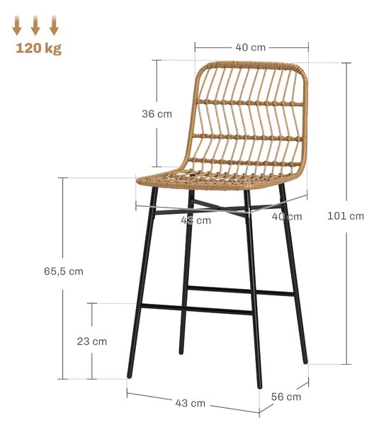 HOMCOM Set 2 Vysokých Barových Židlí s Ratanovým Zádovým Opěradlem a Sedákem, Nosnost 120 kg, Moderní Barové Židle do Kuchyně a Jídelny, Hnědé | Aosom