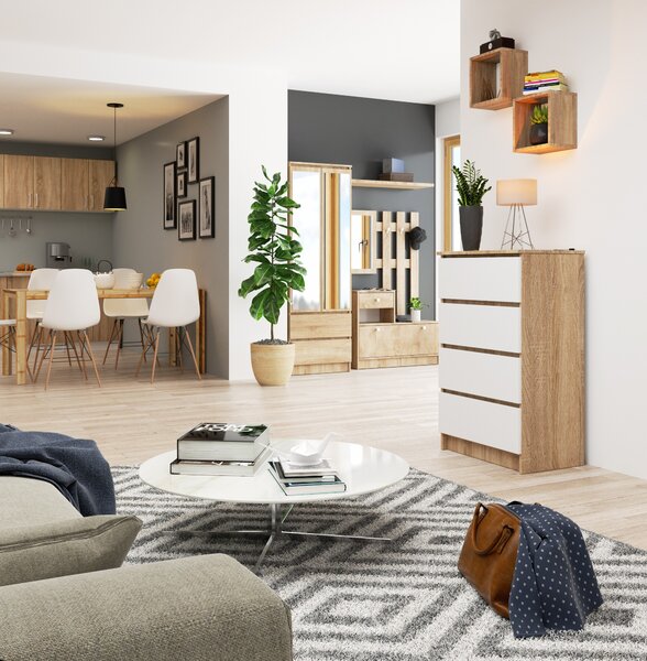 Ak furniture Komoda Kuba 60 cm - 4 šuplíky dub sonoma/bílá
