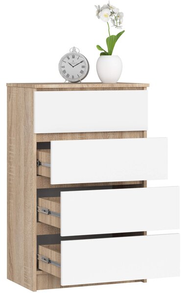 Ak furniture Komoda Kuba 60 cm - 4 šuplíky dub sonoma/bílá
