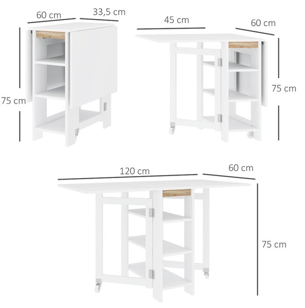 HOMCOM Skládací Stůl s Odepínacími Křídly – Jídelní Stůl Skládací Kuchyňský Stůl s 2 Kolíky a Policemi Moderní Styl 120x60x75 cm Bílá | Aosom