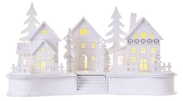 EMOS LED dekorace dřevěná bílá - vesnička, 16 cm, 2x AA, vnitřní, teplá bílá, časovač DCWW21
