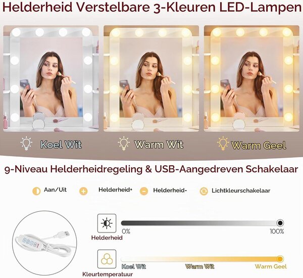 Kosmetický stolek s osvětlením a zrcadlem - 10 LED světel - 3 nastavitelné barvy a 9 světelných režimů - 4 horní police