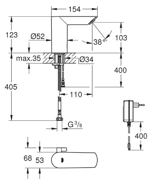 Grohe BauCosmopolitan umyvadlová baterie stojící elektronická StarLight Chrome 36453000