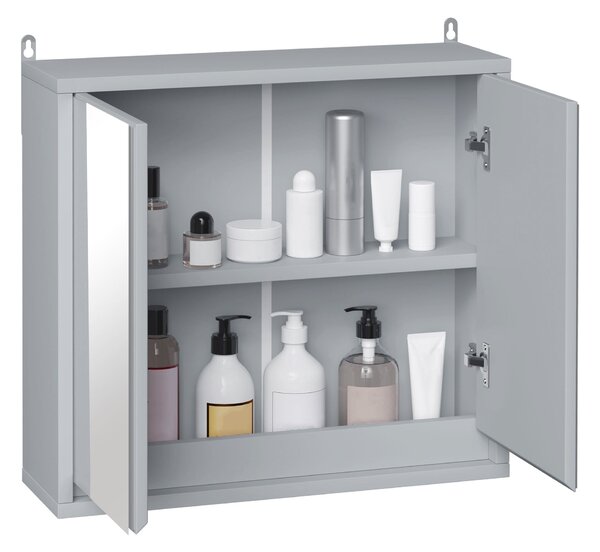 HOMCOM Koupelnová skříňka se zrcadlem, 2 dveře a nastavitelná polička, závěsný koupelnový nábytek pro moderní toaletu 48x14.5x45 cm Šedá | Aosom