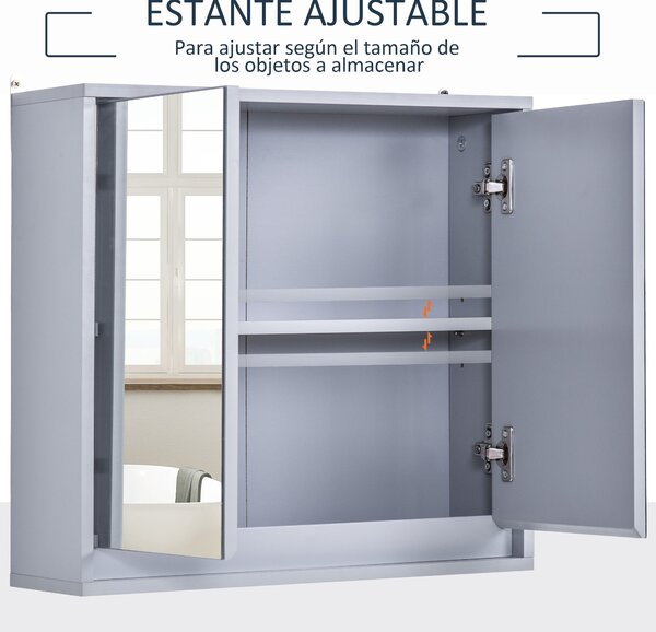HOMCOM Koupelnová skříňka se zrcadlem, 2 dveře a nastavitelná polička, závěsný koupelnový nábytek pro moderní toaletu 48x14.5x45 cm Šedá | Aosom