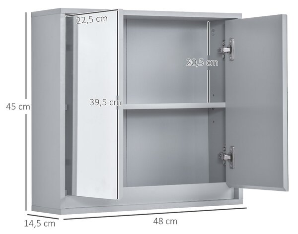 HOMCOM Koupelnová skříňka se zrcadlem, 2 dveře a nastavitelná polička, závěsný koupelnový nábytek pro moderní toaletu 48x14.5x45 cm Šedá | Aosom