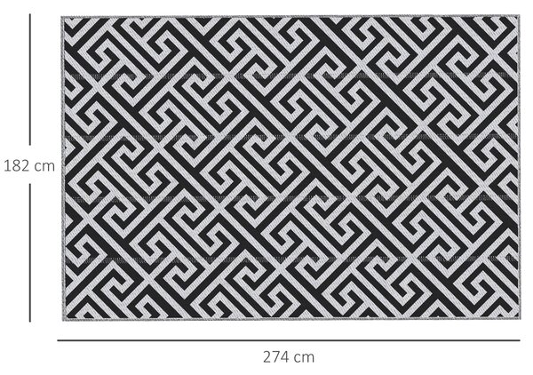 Outsunny Exteriérový Koberec 182x274 cm Reverzibilní Koberec s Voděodolným Geometrickým Vzorem pro Terasu, Balkon, Patio, Kempování, Pláž Černý a Bílý