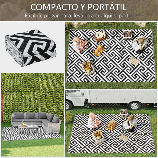 Outsunny Exteriérový Koberec 182x274 cm Reverzibilní Koberec s Voděodolným Geometrickým Vzorem pro Terasu, Balkon, Patio, Kempování, Pláž Černý a Bílý