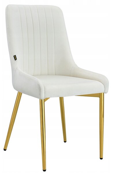 Sametová čalouněná židle - krémová barva se zlatými kovovými nohami a svislým ozdobným prošitím | Elegantní jídelní židle v glamour designu Queen