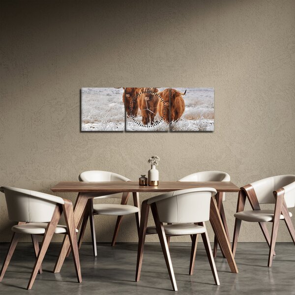 Obraz - Skotské krávy (s hodinami) (90x30 cm)