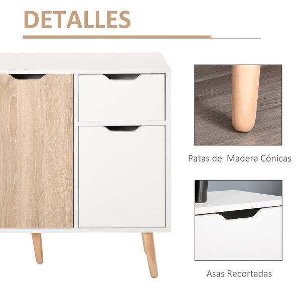 HOMCOM Moderní komoda se 3 dvířky a zásuvkou 90x30x72 cm Bílá a přírodní dřevo | Aosom