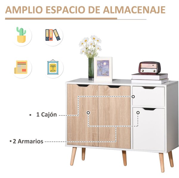 HOMCOM Moderní komoda se 3 dvířky a zásuvkou 90x30x72 cm Bílá a přírodní dřevo | Aosom