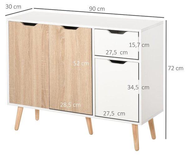 HOMCOM Moderní komoda se 3 dvířky a zásuvkou 90x30x72 cm Bílá a přírodní dřevo | Aosom