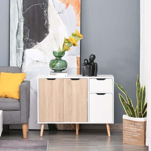 HOMCOM Moderní komoda se 3 dvířky a zásuvkou 90x30x72 cm Bílá a přírodní dřevo | Aosom