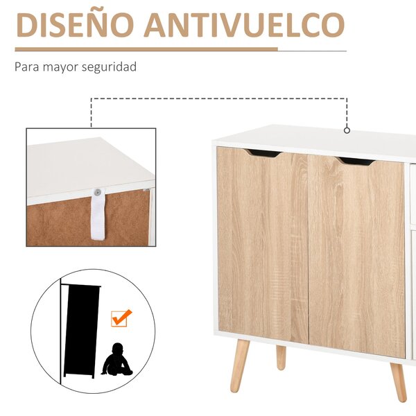 HOMCOM Moderní komoda se 3 dvířky a zásuvkou 90x30x72 cm Bílá a přírodní dřevo | Aosom