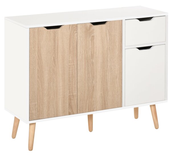 HOMCOM Moderní komoda se 3 dvířky a zásuvkou 90x30x72 cm Bílá a přírodní dřevo | Aosom