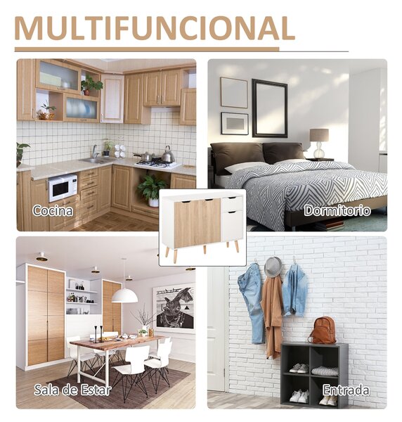 HOMCOM Moderní komoda se 3 dvířky a zásuvkou 90x30x72 cm Bílá a přírodní dřevo | Aosom