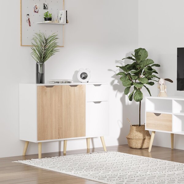 HOMCOM Moderní komoda se 3 dvířky a zásuvkou 90x30x72 cm Bílá a přírodní dřevo | Aosom