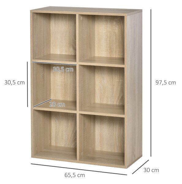 HOMCOM Knihařský regál se 3 policemi a 6 úložnými boxy do obývacího pokoje, ložnice, kanceláře 65,5x30x97,5 cm Dub | Aosom