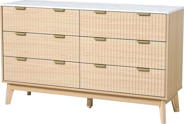 SucceBuy komoda se 6 zásuvkami a ochranou proti překlopení, moderní minimalistická skříňka (399 x 1372 x 813 mm) do obývacího pokoje, ložnice a předsíně (světlé dřevo)