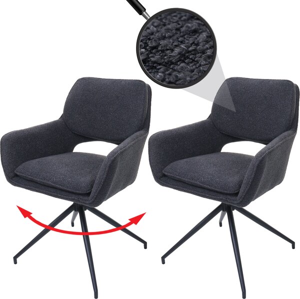 Sada 2 jídelních židlí HWC-N74, kuchyňská židle, otočná s automatickým návratem, tkanina bouclé (540 g/m²) Oeko-Tex tmavě šedá
