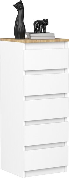 VBChome Komoda s 5 zásuvkami 40 x 39 x 105 cm Bílá s dubem Komoda bez úchytek Víceúčelová skříňka do předsíně Ložnice Obývací pokoj