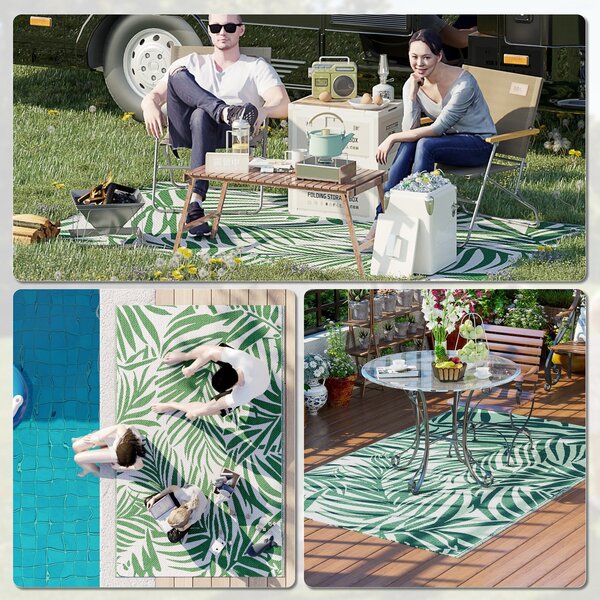 Outsunny Outdoor Koberec 152x243 cm Oboustranný Koberec s Vzorováním Listů pro Terasu, Balkon, Patio, Kempování, Pláž Tmavě Zelená a Bílá | Aosom