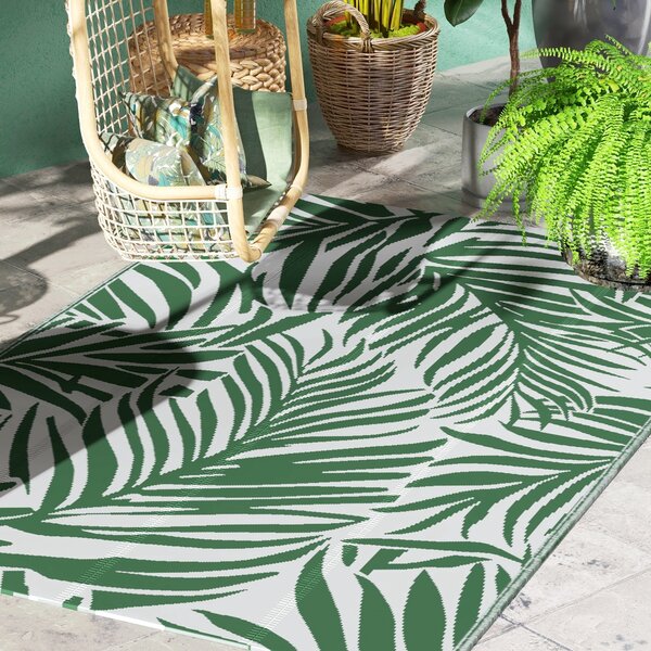 Outsunny Outdoor Koberec 152x243 cm Oboustranný Koberec s Vzorováním Listů pro Terasu, Balkon, Patio, Kempování, Pláž Tmavě Zelená a Bílá | Aosom