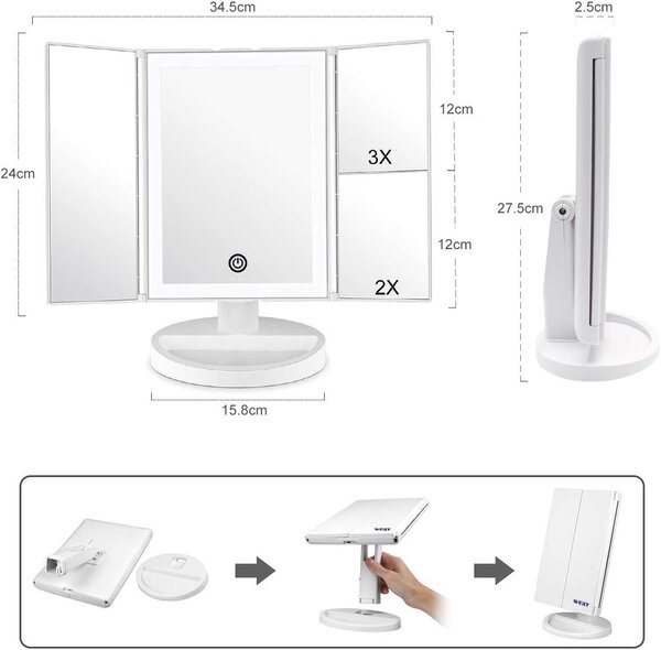 Zrcadlo do make-upu s LED osvětlením a dotykovým ovládáním – sada 3 kusů – trojité zvětšení (1x, 2x) – otočné o 180°