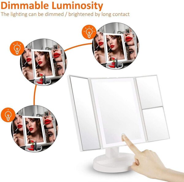 Zrcadlo do make-upu s LED osvětlením a dotykovým ovládáním – sada 3 kusů – trojité zvětšení (1x, 2x) – otočné o 180°