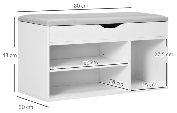HOMCOM Botník se sedadlem, regály, zásuvkou a polstrováním, dvouúrovňový pro předsíně a haly, moderní, max. zatížení 120 kg, 80x30x43 cm, bílý | Aosom