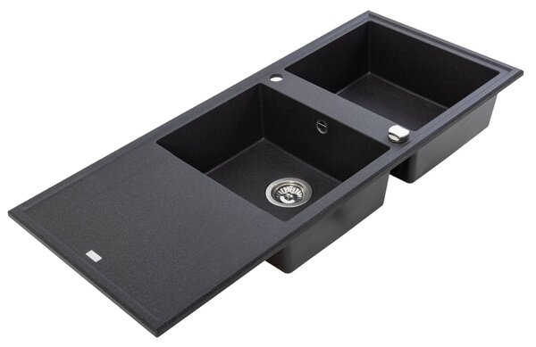 Laveo Megalo, 2-komorový granitový dřez 1160x500x185 mm s dlouhým odkapávačem, černá, LAV-SBE_721T