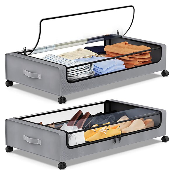 Úložné boxy pod postelí s víkem a kolečky, multifunkční úložné boxy na oblečení v ložnici, dobře viditelné, prachotěsné zásuvky organizéru pod postelí s přenosným madlem