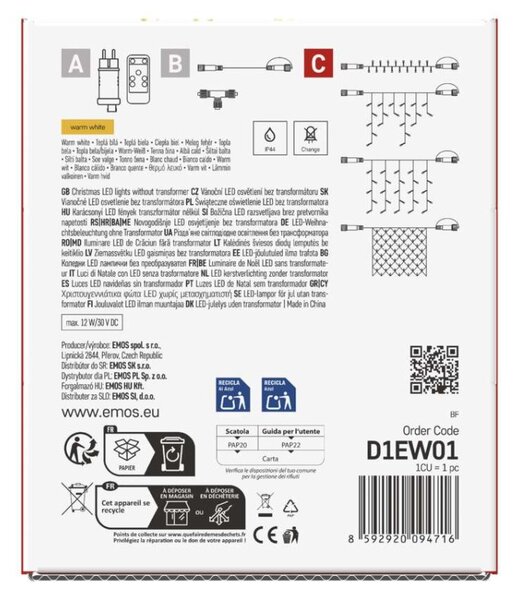 EMOS Standard LED spojovací vánoční řetěz – záclona, 1x2 m, venkovní, teplá bílá
