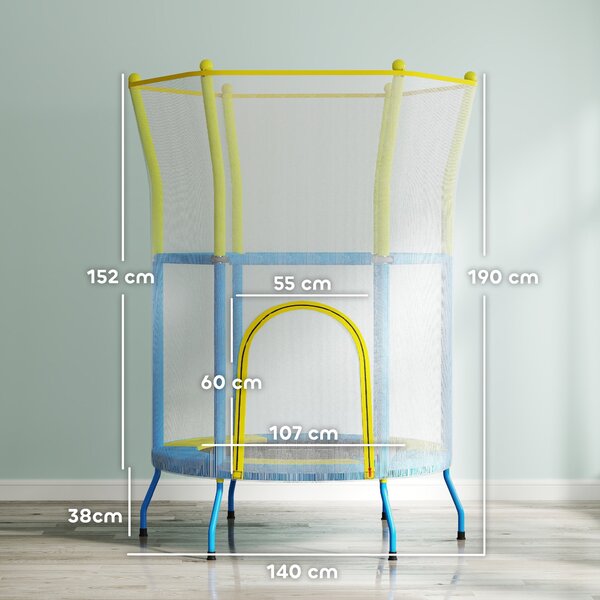Dětský trampolína AIYAPLAY Ø140x190 cm pro děti ve věku 3-6 let se síťkou a měkčenými tyčemi, nosnost 45 kg, pro vnitřní použití, vícebarevný | Aosom