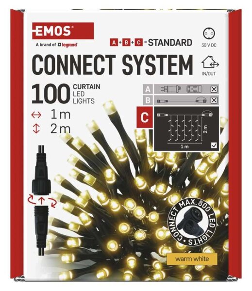EMOS Standard LED spojovací vánoční řetěz – záclona, 1x2 m, venkovní, teplá bílá