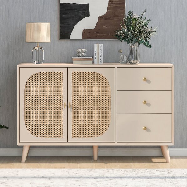 Flieks Komoda se 3 zásuvkami a 2 dvířky, ratanové skříňky do obývacího pokoje Stojací skříňka TV stolek 120x40x82,5 cm