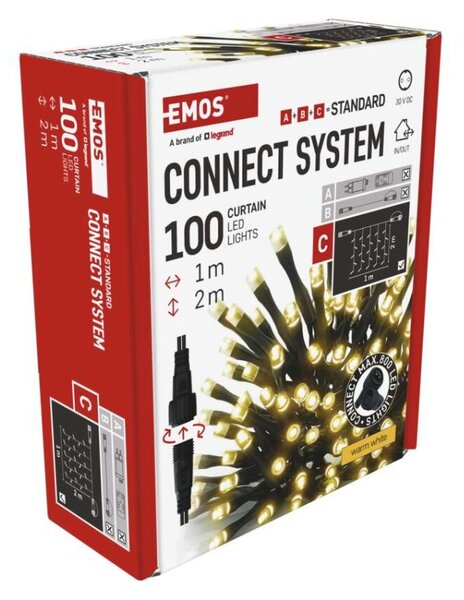EMOS Standard LED spojovací vánoční řetěz – záclona, 1x2 m, venkovní, teplá bílá