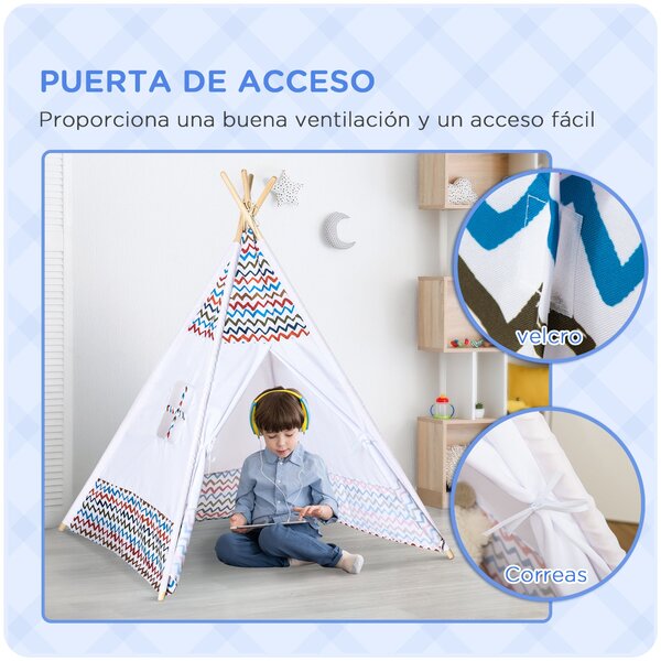 HOMCOM Dětský Teepee Stan pro děti od 3 let - Přenosný Dřevěný Tipi s Okénkem pro Vnitřní a Venkovní Použití 120x120x155 cm Bílý | Aosom