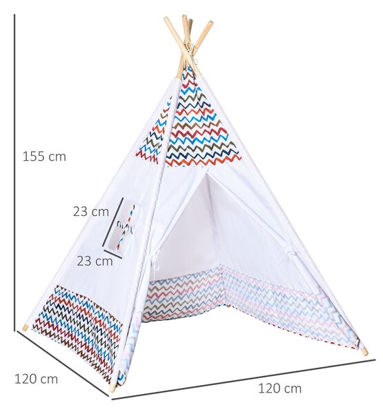 HOMCOM Dětský Teepee Stan pro děti od 3 let - Přenosný Dřevěný Tipi s Okénkem pro Vnitřní a Venkovní Použití 120x120x155 cm Bílý | Aosom