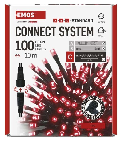 EMOS Standard LED spojovací vánoční řetěz, 10 m, venkovní i vnitřní, červená