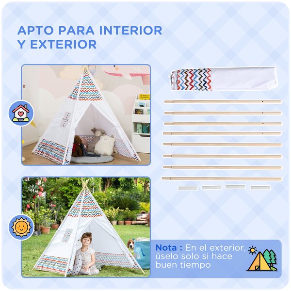 HOMCOM Dětský Teepee Stan pro děti od 3 let - Přenosný Dřevěný Tipi s Okénkem pro Vnitřní a Venkovní Použití 120x120x155 cm Bílý | Aosom